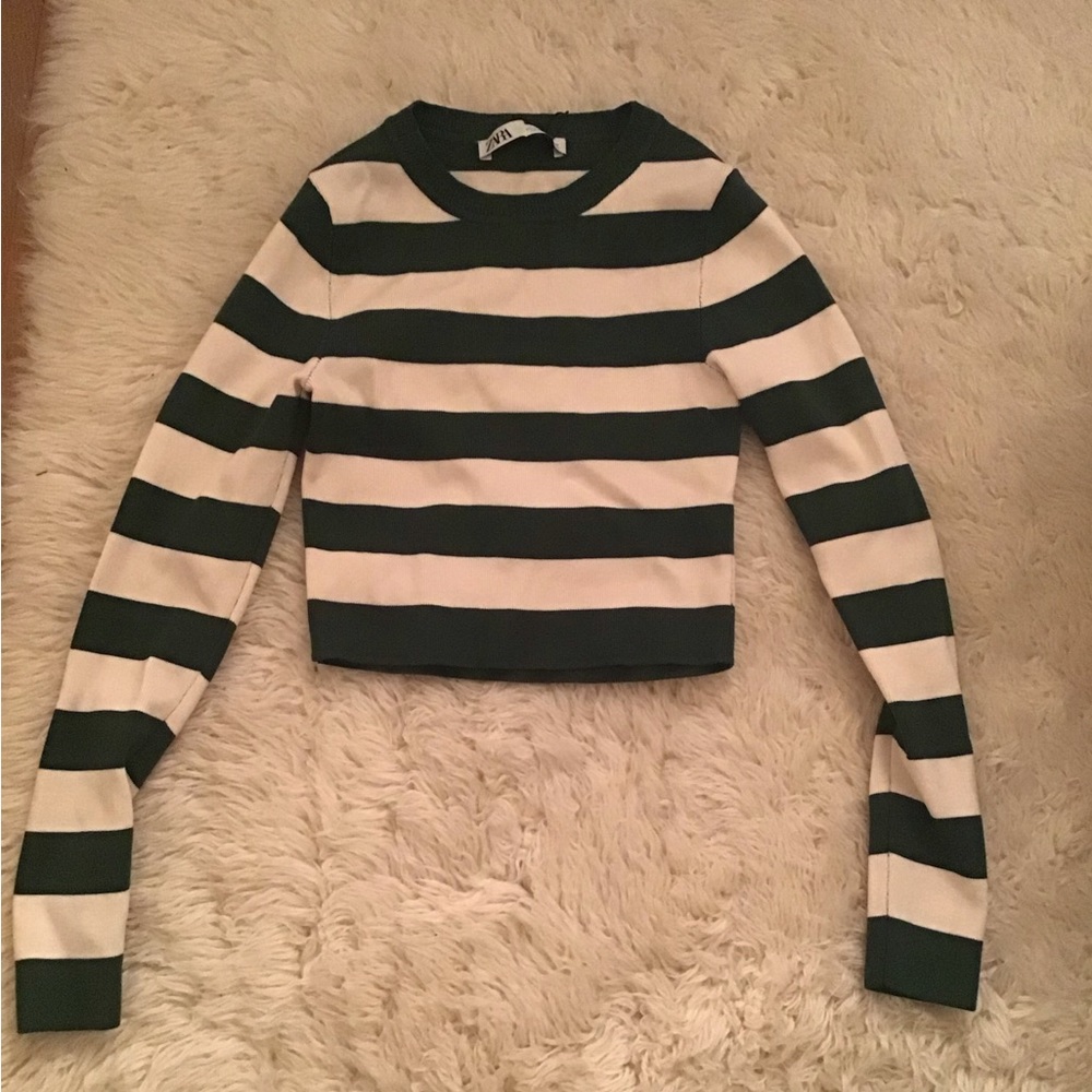 Zara green striped long sleeve ribbed crop top